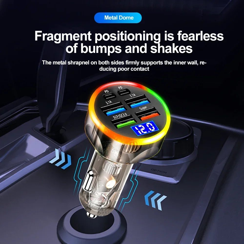 Car Charger 6 Ports Fast Charging with Digital Display PD QC3.0 USB C Quick Charging Adapter for IPhone Samsung Xiaomi