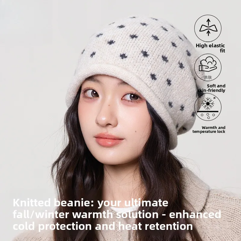 New Xiaohongshu Foreign Style Snowflake Crimped Stacking Hat Winter Face Small Knitted Pullover Hat Korean Version Thermal Hat