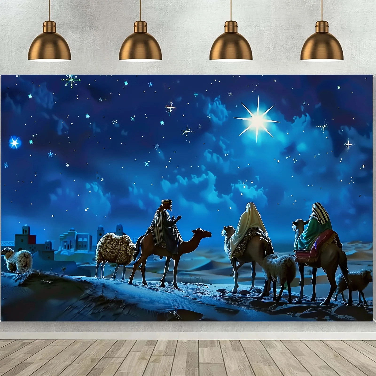 Starlight Weihnachtsszene-Hintergrundstoff – Die Heilige Familie und die drei Könige in der Wüstenkrippe, aus Polyester