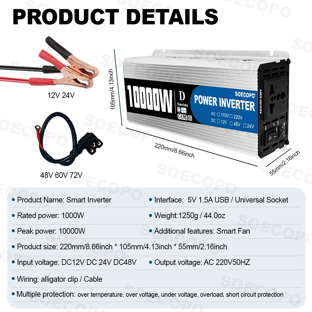 10000W SOECOPO Peak Solar System Kit High Efficiency Inverter Generator 2x500W Panel 100A Controller Durable for Boat Garden Car