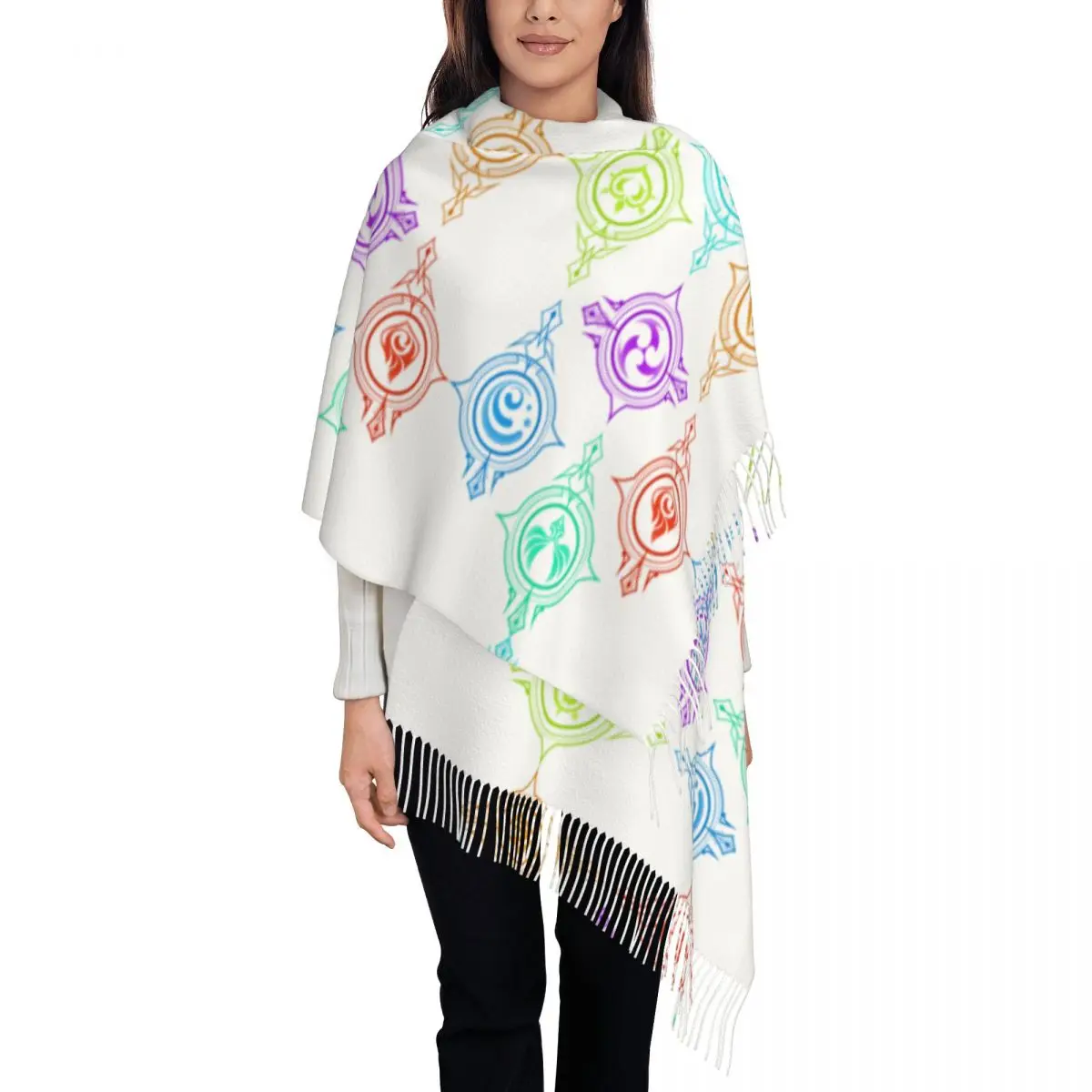 Custom G-Genshin Impact Scarf Women Luxury Winter Fall Wrap Shawl Elements of World Tassel Wraps