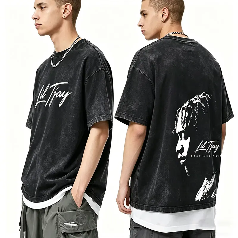 

Washed Vintage Rapper Lil Tjay Face Graphic T-shirt Destined 2 Win Album Merch T-shirts Men's Fashion Oversized Hip Hop T Shirts