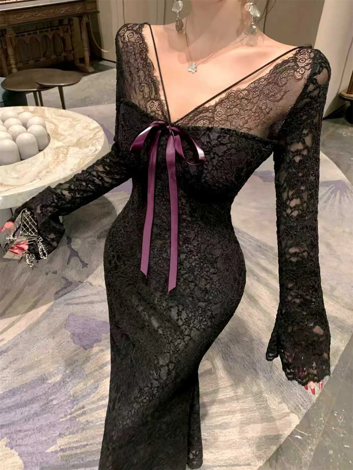 

Ele Lace Long Dr Сексуальное утягивающее облегающее вечернее платье с треугольным хвостом для женщин в цвете 20-х и 30-х годов