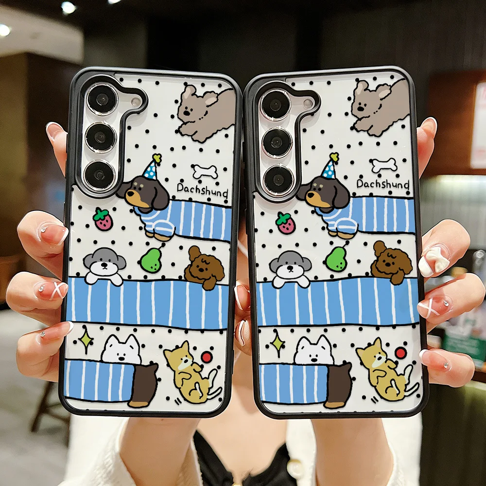 Chic Black Frame Clear Cartoon Dog Phone Case For Samsung Galaxy S26 S25 S24 S23 Ultra A57 A56 A26 A05 A34 A14 5G Cases Capinha