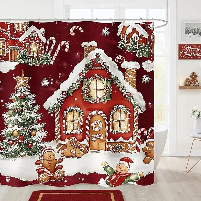 VIKAMA Christmas Gingerbread Man Shower Curtain, Pink Xmas House Candy Cane Waterproof Bathroom Curtain Home Decor