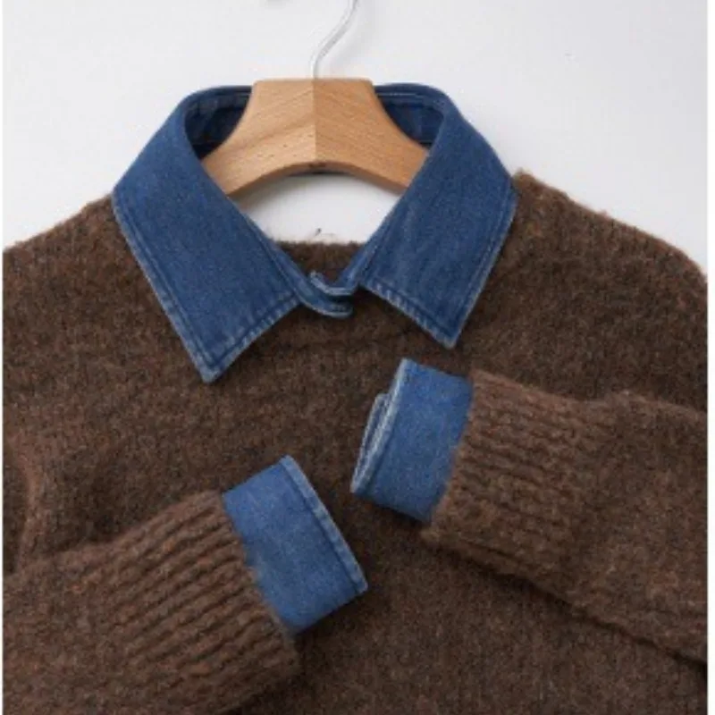 New denim fake collar, retro washed denim collar sleeves cuffs sweater collar pointed collar unisex leader's outfit