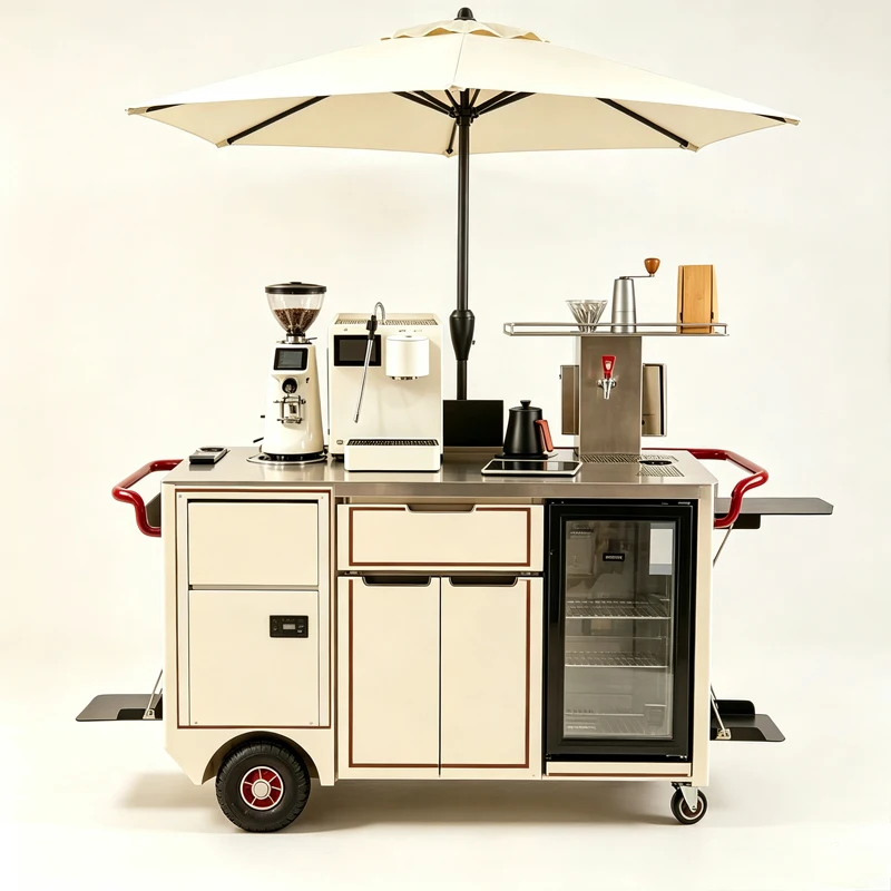 Mobile Coffee Trolley Cart Wheeled Coffee Workbench With Glass Display Refrigerator For Outdoor Events Customized