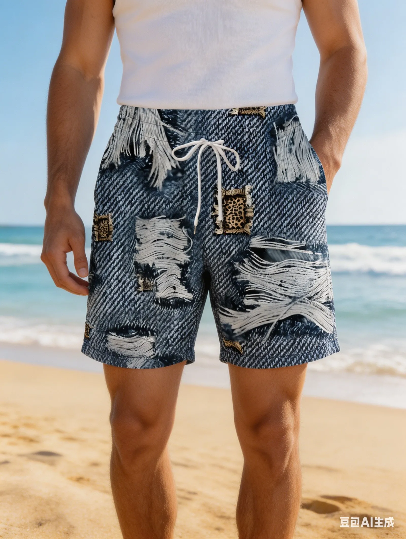 

Мужские пляжные шорты с эффектом потертости джинсовой ткани, на шнурке, быстросохнущие, для плавания, 2026