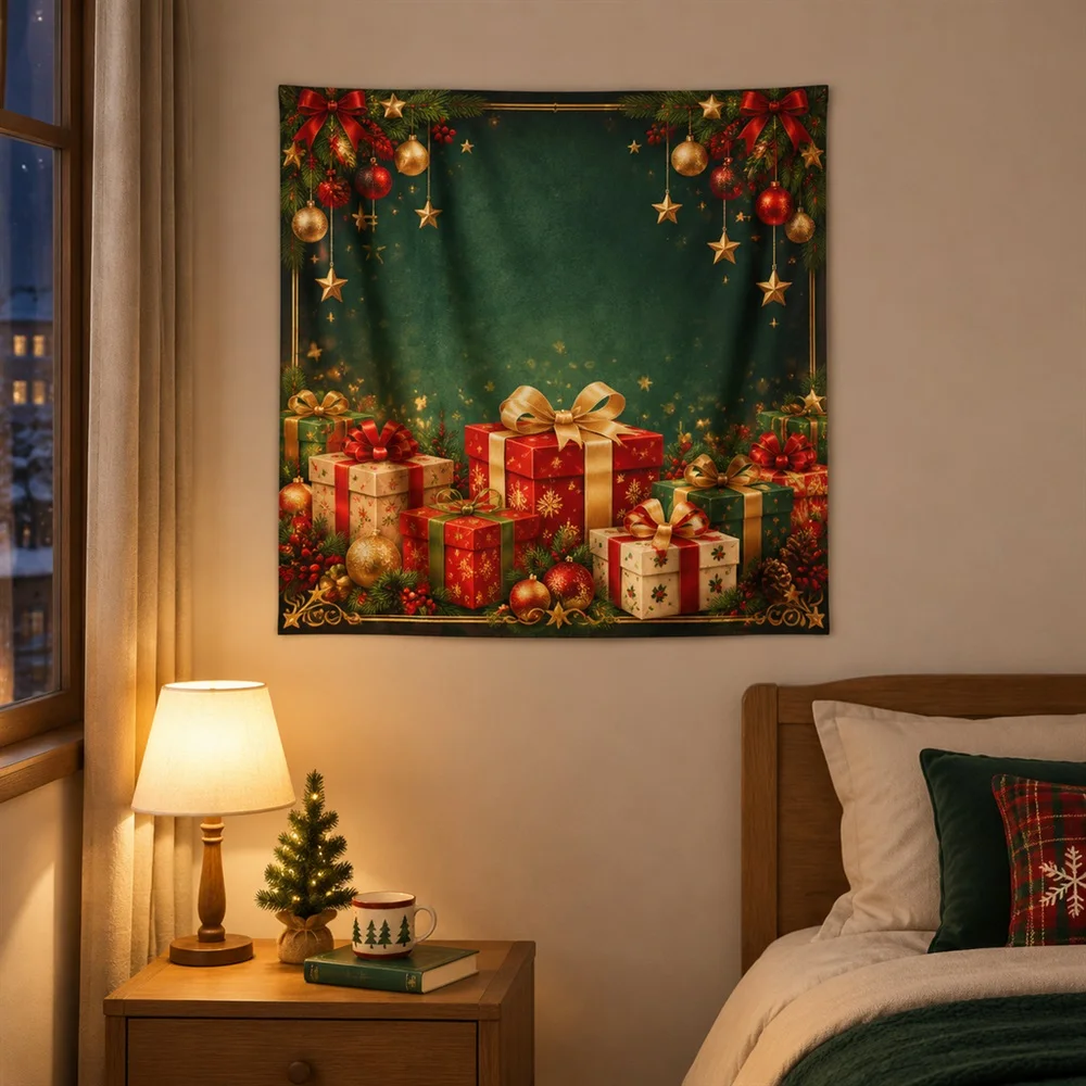VIKAMA Gift Boxes Layered Bands Christmas Tapestry Wall Hanging, Holiday Room Decor Tapestries for Living Room Bedroom Study