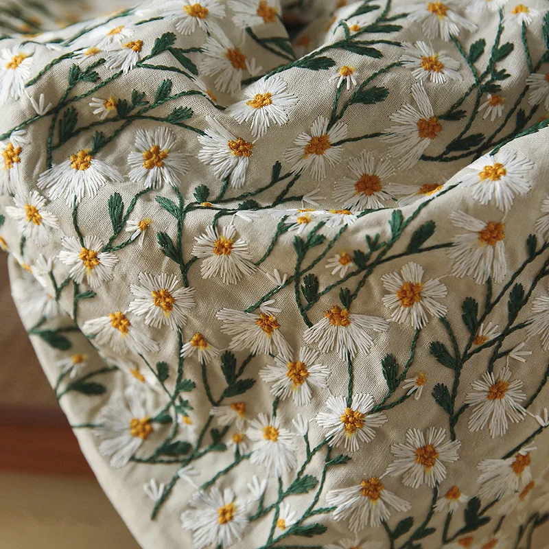 Daisy Embroidery Cotton Linen Fabric 3D Daisy Flower Embroidered Cotton Ramie Lace Fabric Material Clothing Handbag DIY Sewing