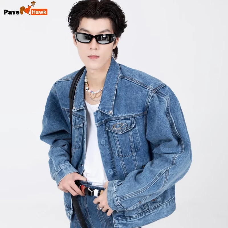 Blue 2024 New Retro Design Denim Jackets Mens Metal Splicing Shoulder Pad Cowboy Coats Short Loose Trendy Couples Outwear