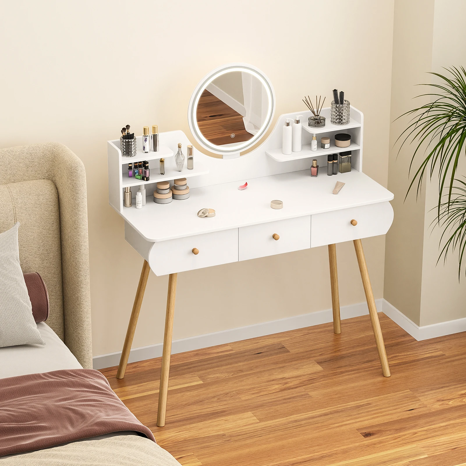 Makeup Vanity Desk with LED Lighted Mirror, Vanity Table with 4 Drawers and Opening Shelves, Bedroom Dressing Table