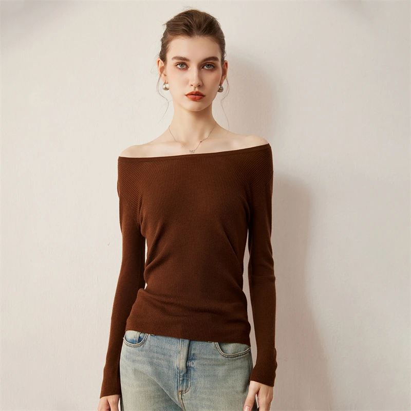 

First line ready to wear women's 100% wool Yangtze yarn pullover French minimalist solid knitted sweater round neck slim fit Top