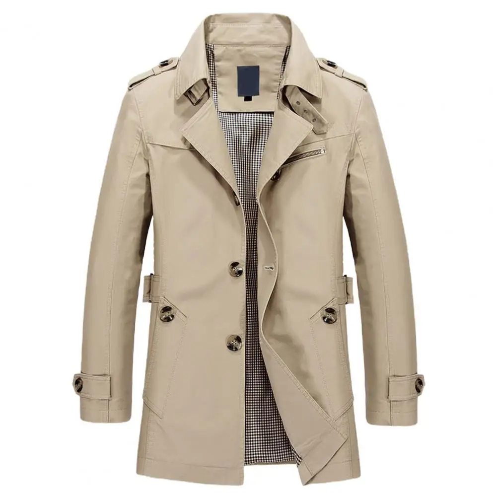Jaqueta de peito único de comprimento médio masculina, casaco de lapela, ajuste fino, manga longa, elegante, comprimento médio