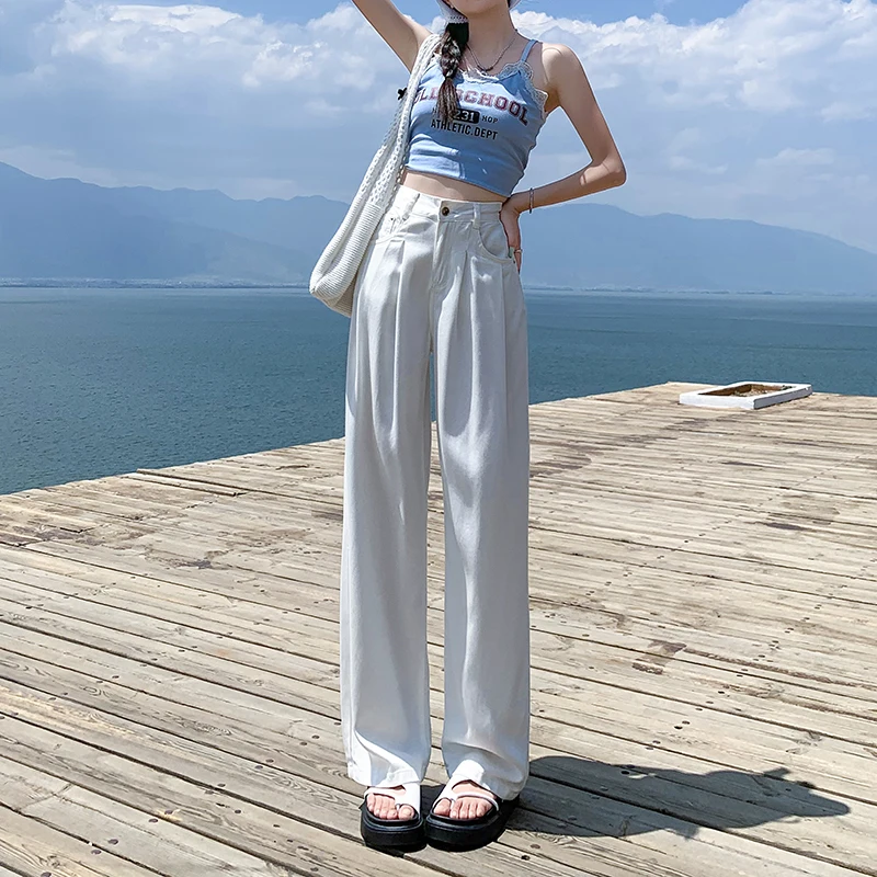 

Shascullfites Tencel 100% Lyocell Cool Denim Wide-Leg Pure White Female Drape Wrinkles Slim Summer Loose Ice Silk YKK