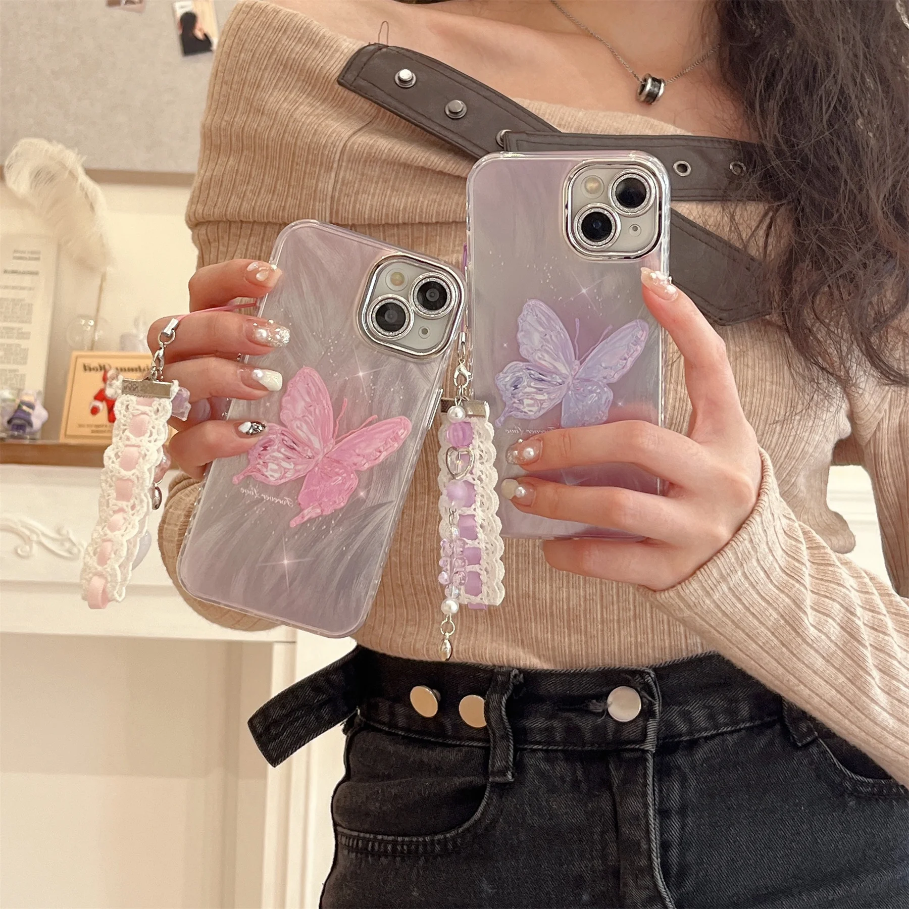 Electroplated Korean Luxury Pink Halo Dyed Butterfly Lace Chain Case for iPhone 15 14 13 12 11 Pro Max Back Cover For Girl Gift