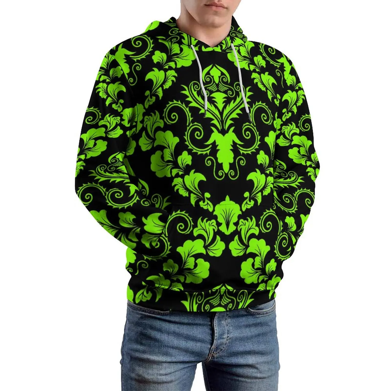 

Повседневные толстовки с Дамасским узором для мужчин, свитшоты с капюшоном на заказ в стиле ретро, Худи оверсайз с длинным рукавом, зеленые, черные, на осень