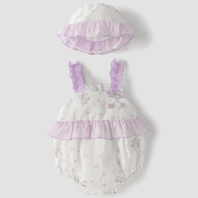 Summer Girls Outfit Sets China Style Cute Flowers Sleeveless Cotton Bodysuits+Hat Baby Boutique Clothing Newborn Items BC467