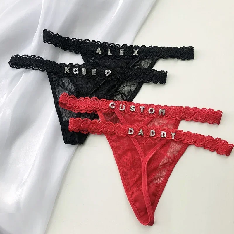 Individualization Customized Lace Underpants Sexy T-shaped Pants Jewellery Rhinestone Letter Lace Peach-shaped Buttofks