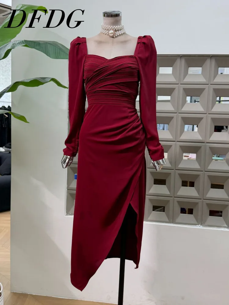 

DFDG 2023, весна-лето, женское дизайнерское платье со рюшами, красное платье с квадратным вырезом и разрезом, с длинными рукавами, элегантное платье для взрослых, торжественное платье