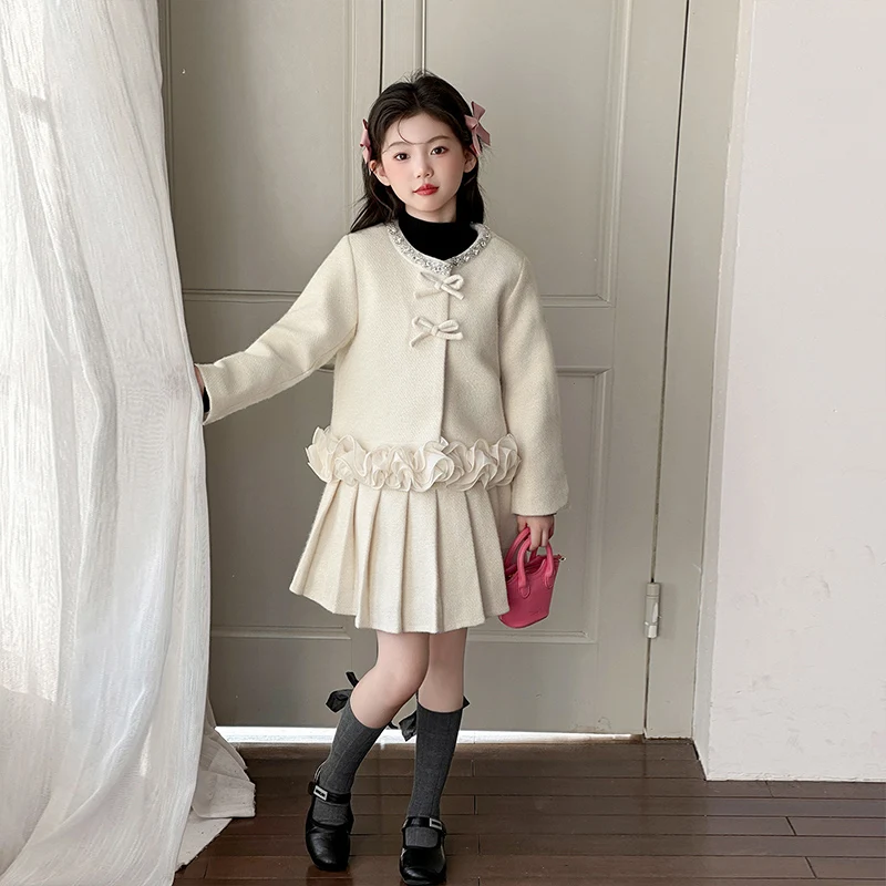 Mädchen Süße Kleidung Sets Herbst Winter Kinder Rot Festlichen Mantel + Falten Rock Zwei-stück Set Kinder Schuluniform anzug 2025 – Detail 3