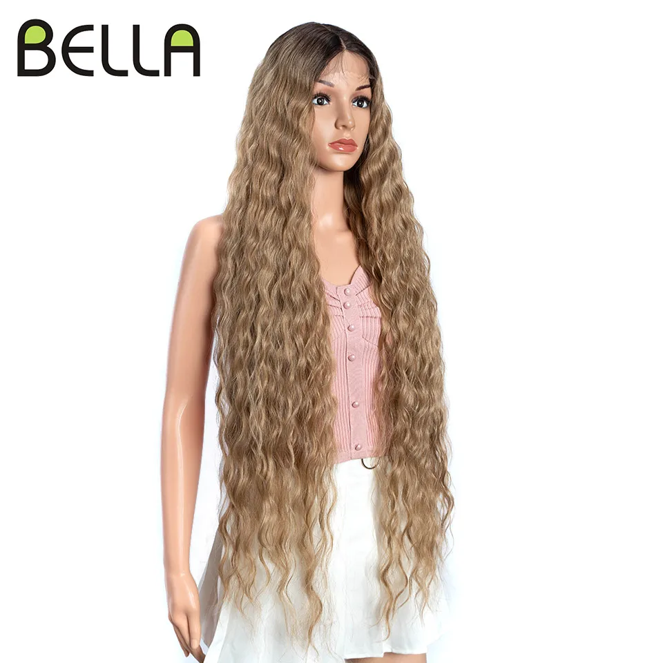 Bella-Peluca de cabello sintético de 40 pulgadas, cabellera larga de onda profunda, color rubio, Marrón degradado, parte HD, fibra resistente al