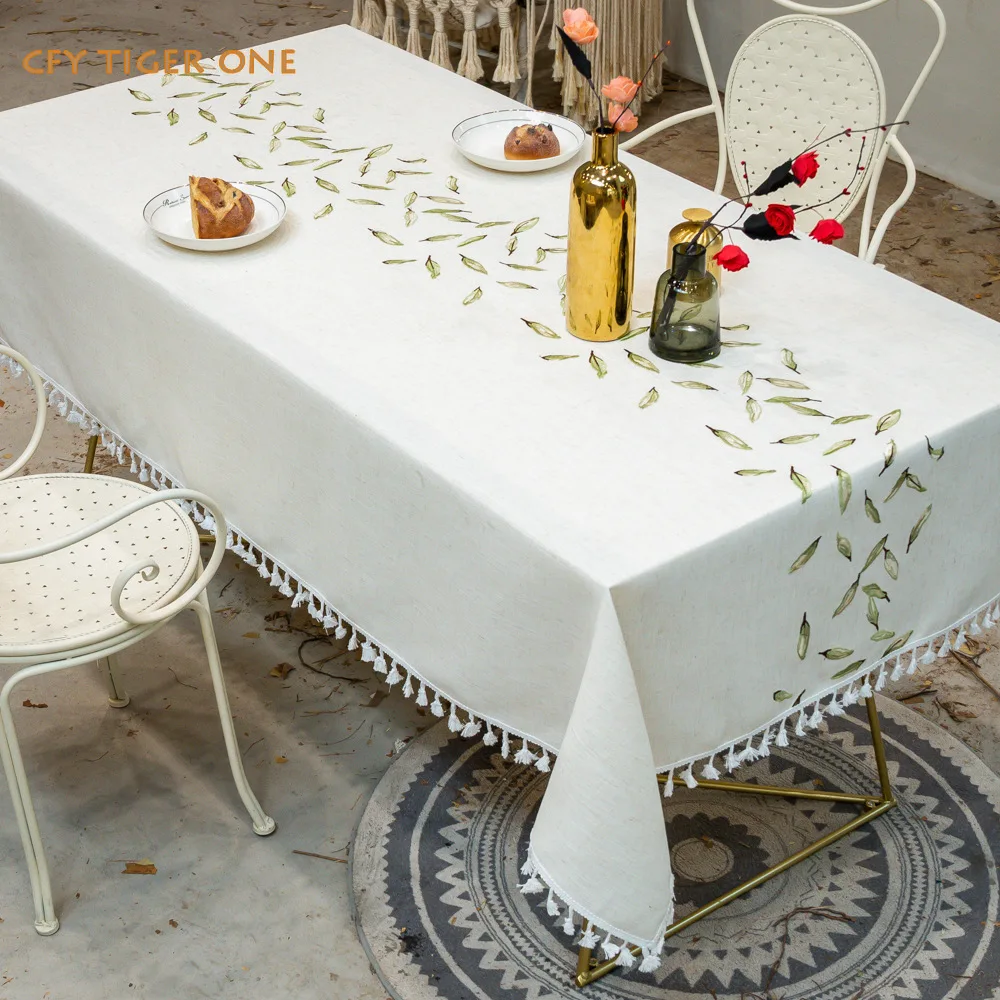 Cotton and Linen Pastoral Leaves Tablecloth Antifouling Rectangular Tablecloth Oil Resistant Coffee Table Mat Table Cover