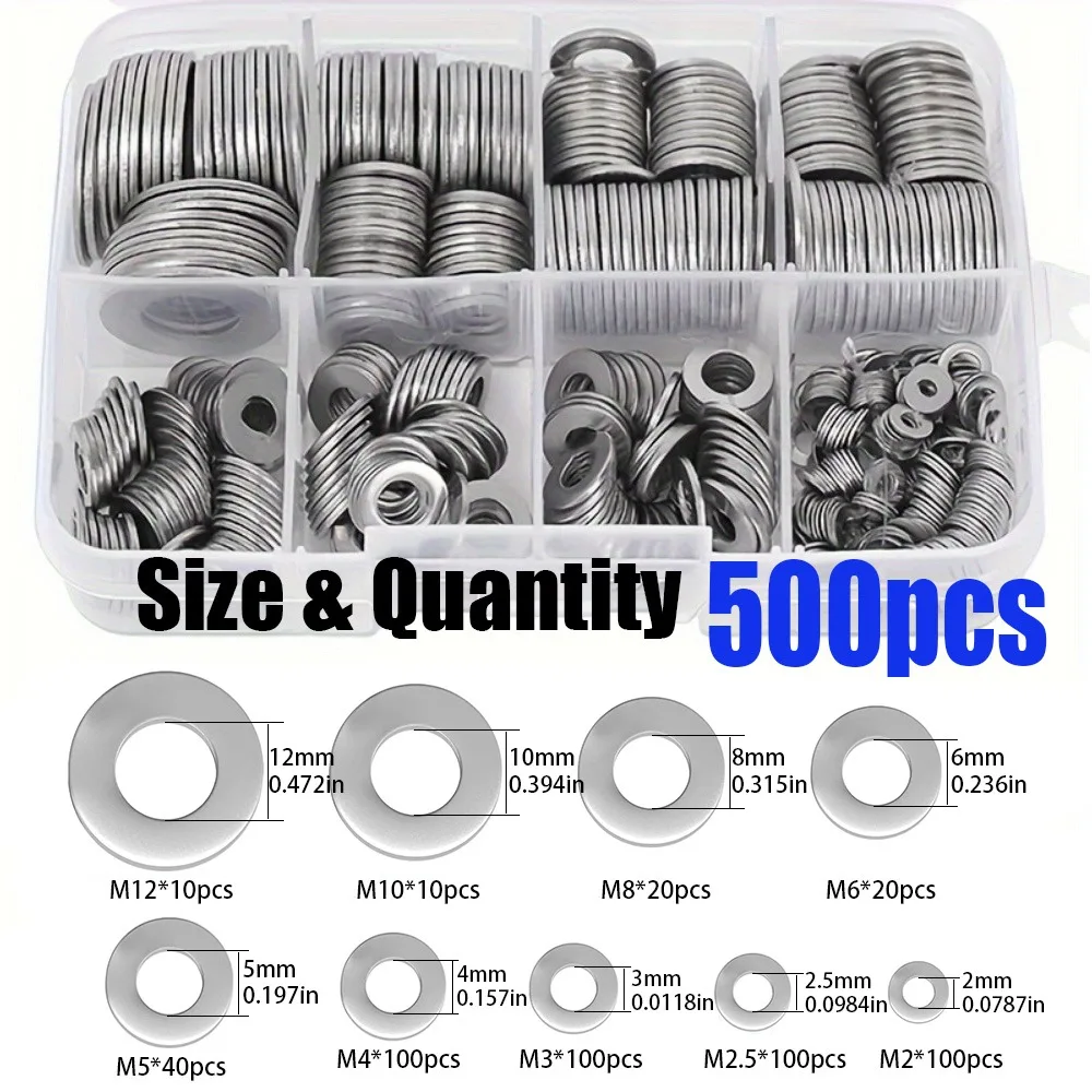 500-Piece Stainless Steel Flat Washer Set (M2 - M12) for Home, Industrial Repair, and Outdoor Construction Maintenance.