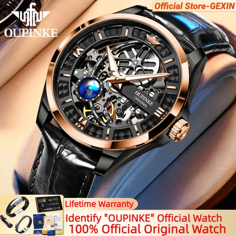 OUPINKE 3268 Hollow Mechanical Watch for Men Waterproof Leather Strap 360 Degree Rotation Moon Phase Male Wristwatch Luxury
