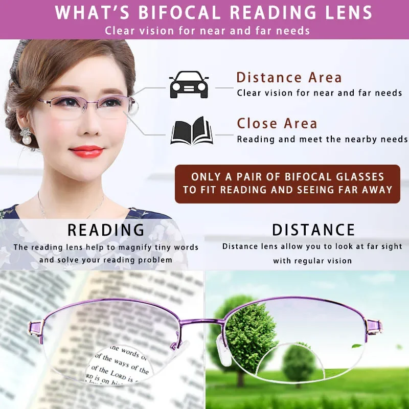 Bifocal Reading Glasses for Women designer, Wider-Reading-Area Readers, Quality Blue Light Blocking Metal Half Frame  Magnifier