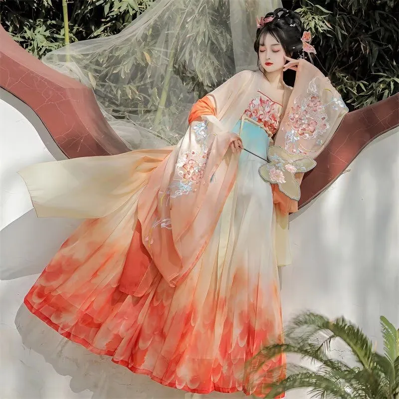 

Chinese Hanfu Dress Women Ancient Gradient Hanfu Female Cosplay Costume Tang dynasty Long cardigan+Dress+Scarf Tang Suit 3pcs