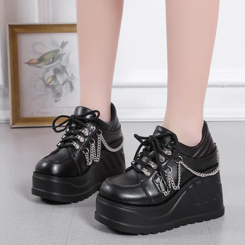 Metal Chain Punk Gothic Shoes Woman Thick Bottom High Wedge Sneakers for Women 2024 New Black Chunky Platform Y2K Uniform Shoes image 5