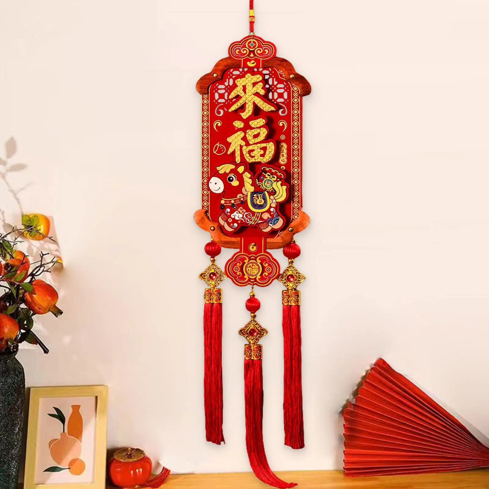 Red Felt Wooden Lunar New Year Decorations Chinese Pendant for Year of Horse Housewarming Wall Ceiling Art view 4