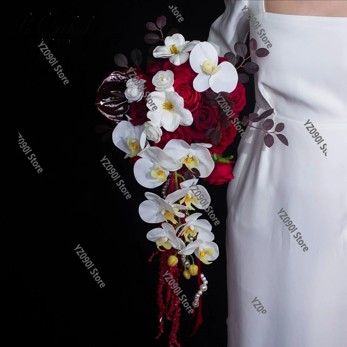 Red Cascading Artificial Bouquet, Boho Style Faux Flower for Bride Bridesmaid Wedding Party