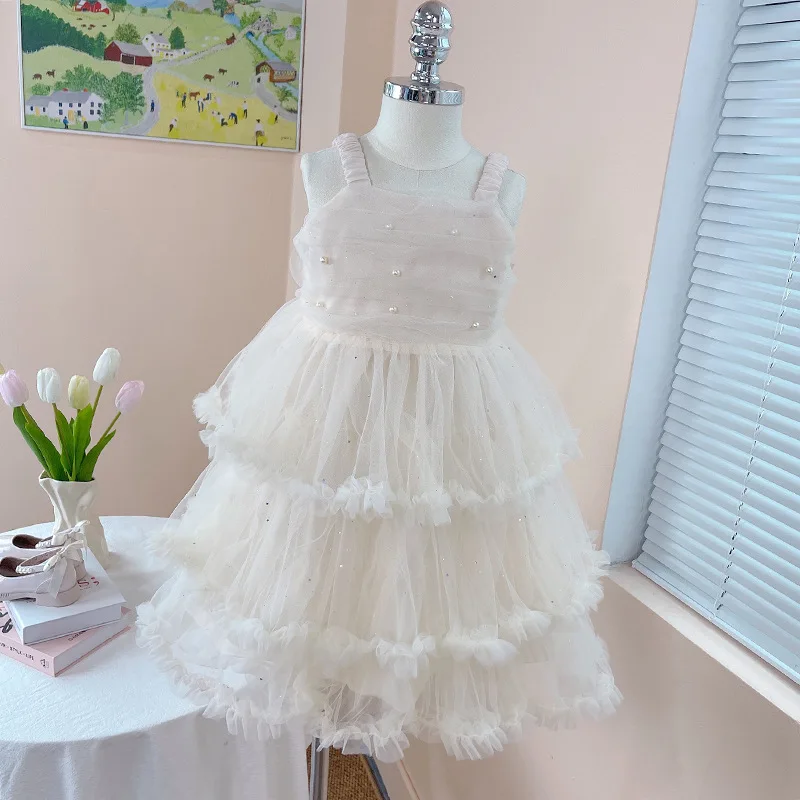 

2025 Summer New Girls Sweet Dress Solid Color Pearl Decorate Cake Skirt For 3-10 Years Kids Party Fashion Evening Dress