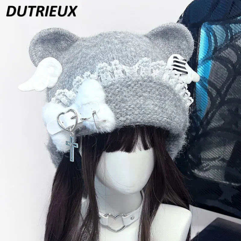 Japanese Style Original Bear Earcap Cute Subculture Wool Hat Sweet Girl Winter Warm Versatile Lace Knitted Y2k Caps