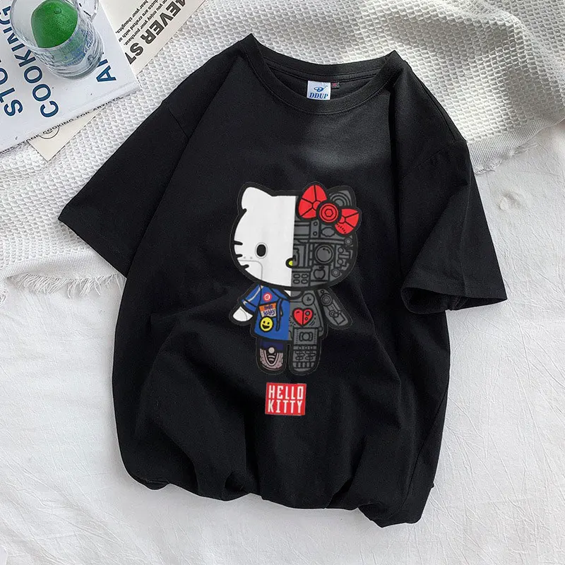 Hello Kitty White Cartoon Anime Men T-shirt Summer Short Sleeve Casual Women T Shirts 2024 New Fashion Couple Tee Tops Clothes