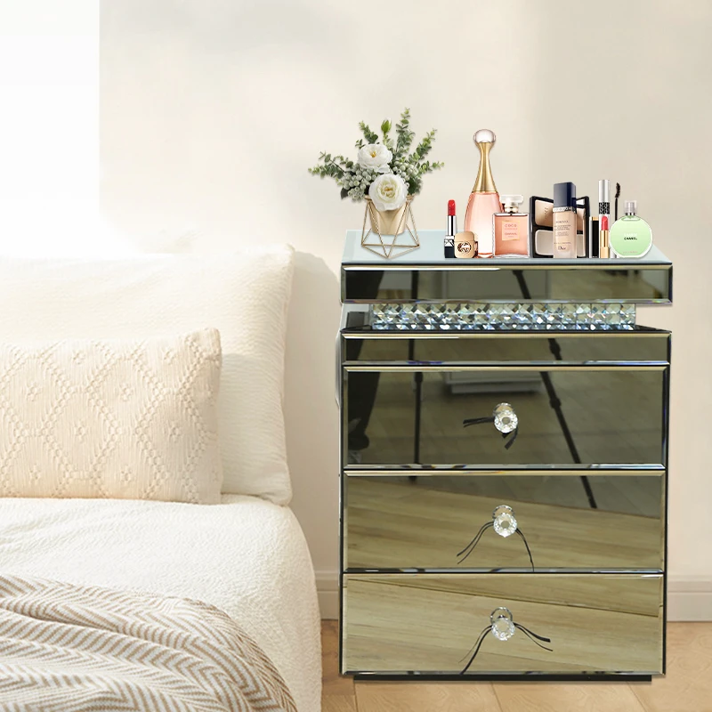 

Modern Crystal Diamond Mirrored 3 Drawer Smart Bedside Table Smart Nightstand With Wireless Charging And Led Light