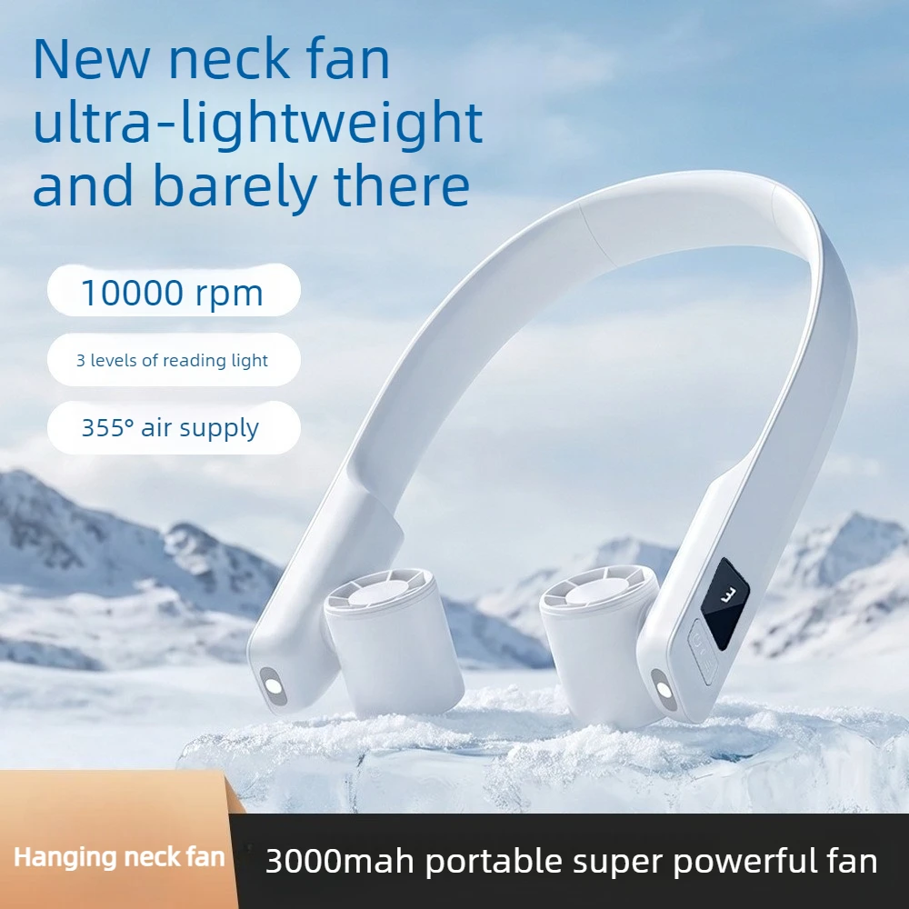 Nackenventilator, tragbar, zum Aufhängen, wiederaufladbar, 3000 mAh, USB-Kühlventilator, LED-Licht, bürstenloser Motor, geräuschlose Klimaanlage, für Reisen im Freien