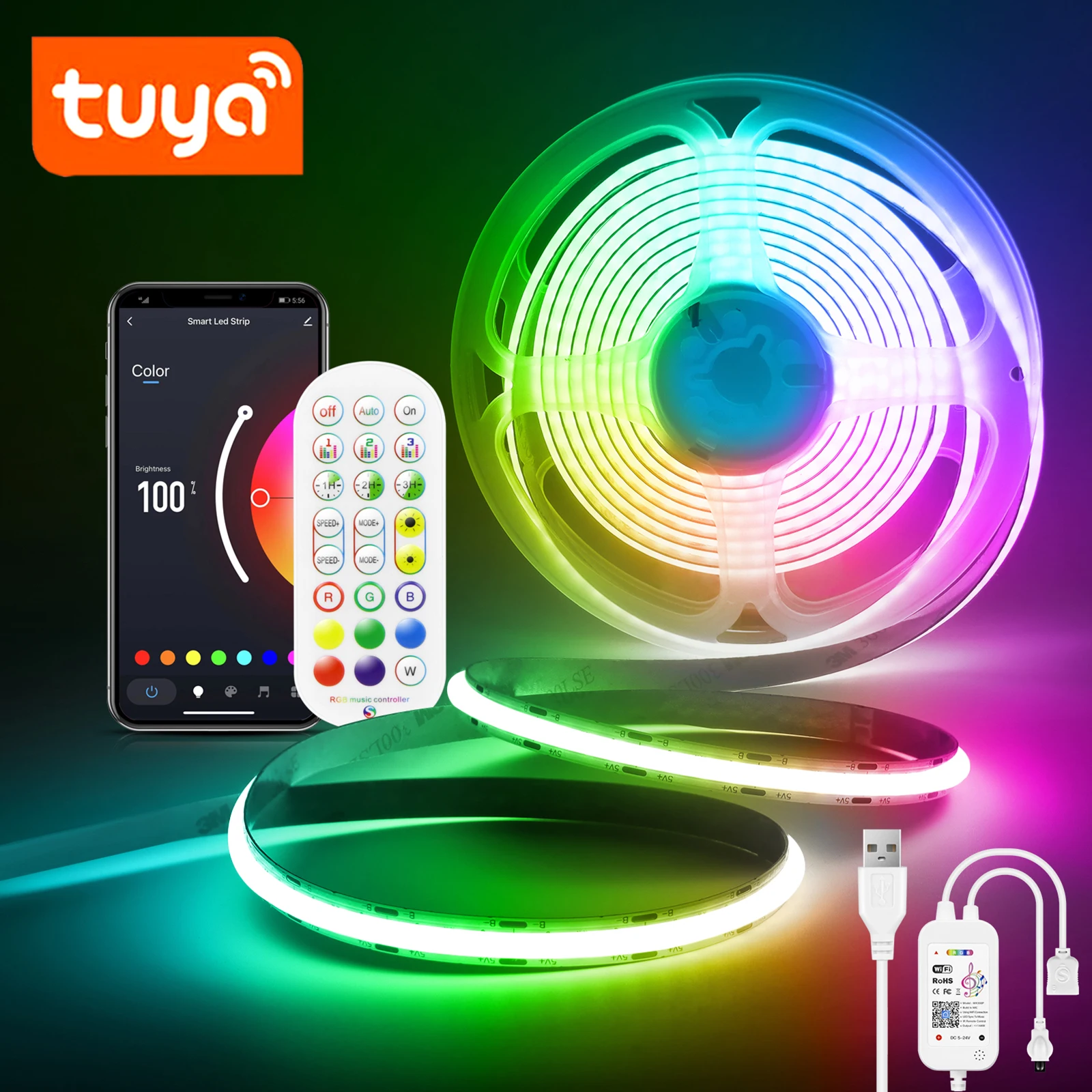 5V USB Tuya inteligentne WiFi COB LED Strip światła 1M 2M 3M RGB LED Strip z Alexa/Google Home dla domowe lampki dekoracyjne