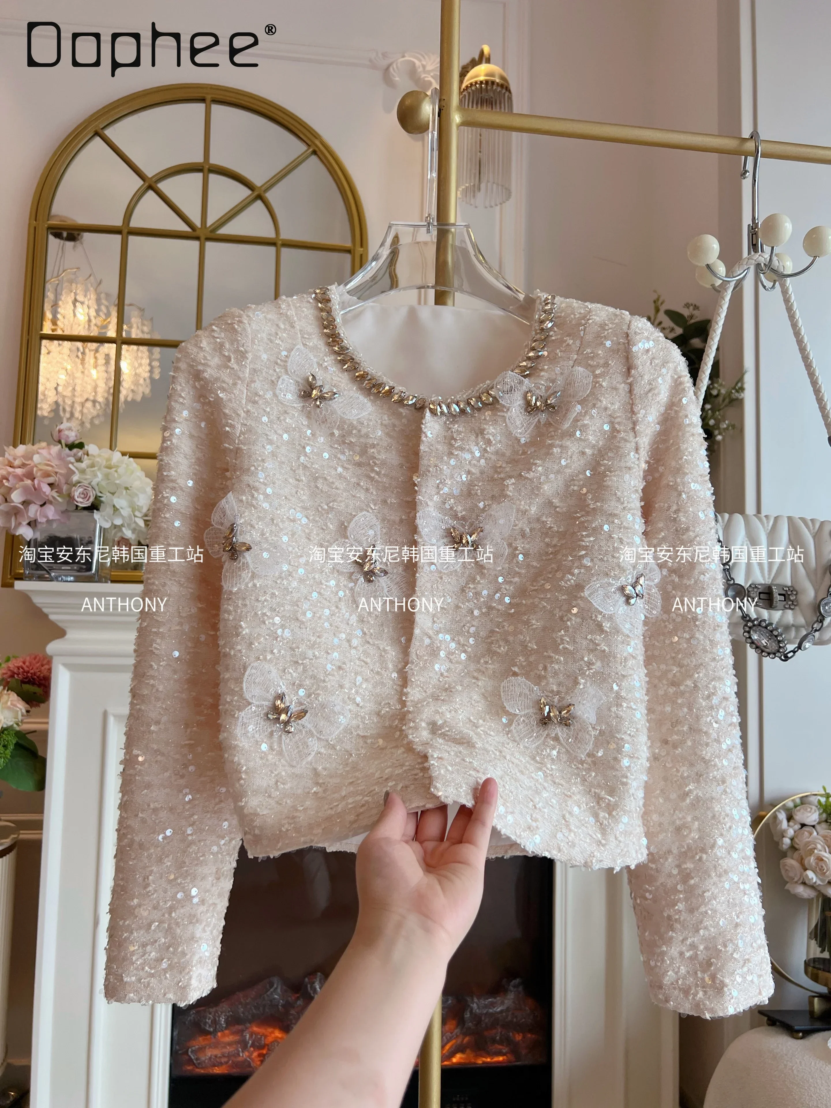 

Elegant Butterfly Short Jacket Women Sequin Diamonds Heavy Industry Round Collar Long Sleeve Cardigan Fashion Cropped Coats