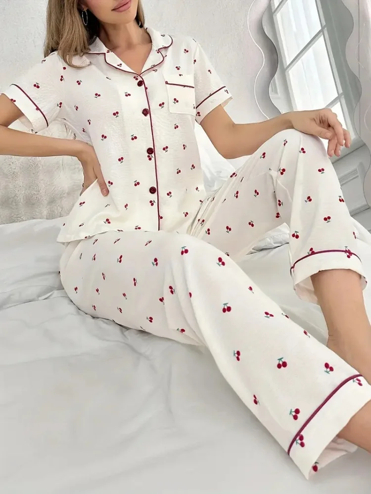 Cherry Blossom Print Pajama Set – Soft Short Sleeve Sleepwear with Lapel Collar & Elastic Waist, Spring Loungewear for Women's