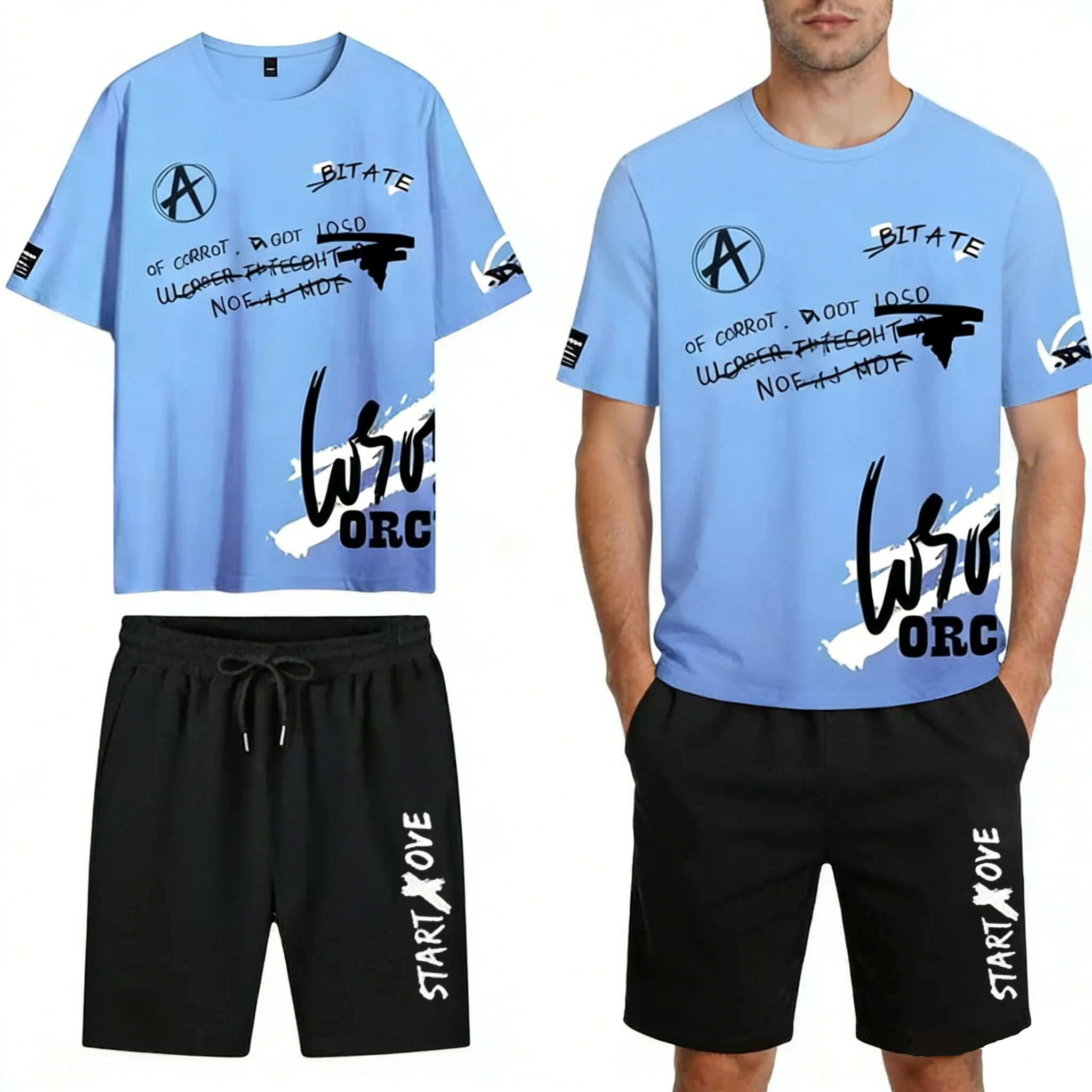 

2Pcs Summer Set for Men Clothes Casual Short Sleeve T Shirt+Short Sets Men Y2K Tracksuits Oversized Print T-shirt 2 Piece Sets