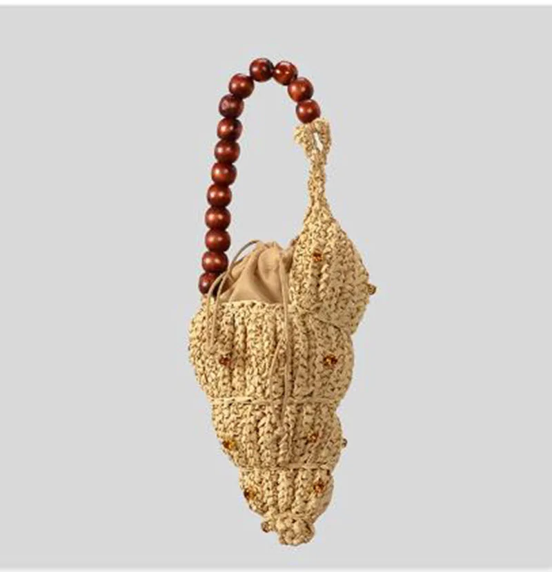 

Wooden Beading Strap Shoulder Bags Funny Summer Beach Bag Creative Diamonds Conch Design Straw Bag Handmade Woven Women Handbags
