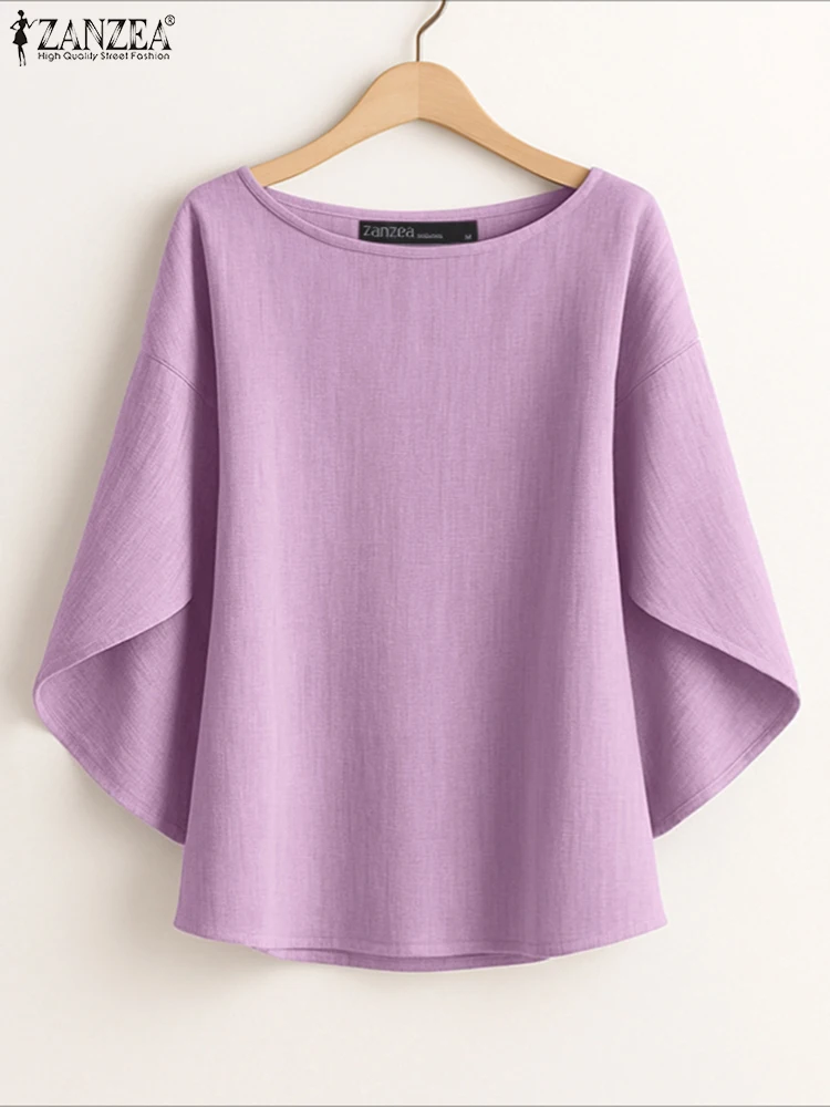 

ZANZEA Women Elegant Blouses Autumn Fashion Irregular 3/4 Sleeve Round Neck Blusas Mujer Casual Commuting Solid Color Tops