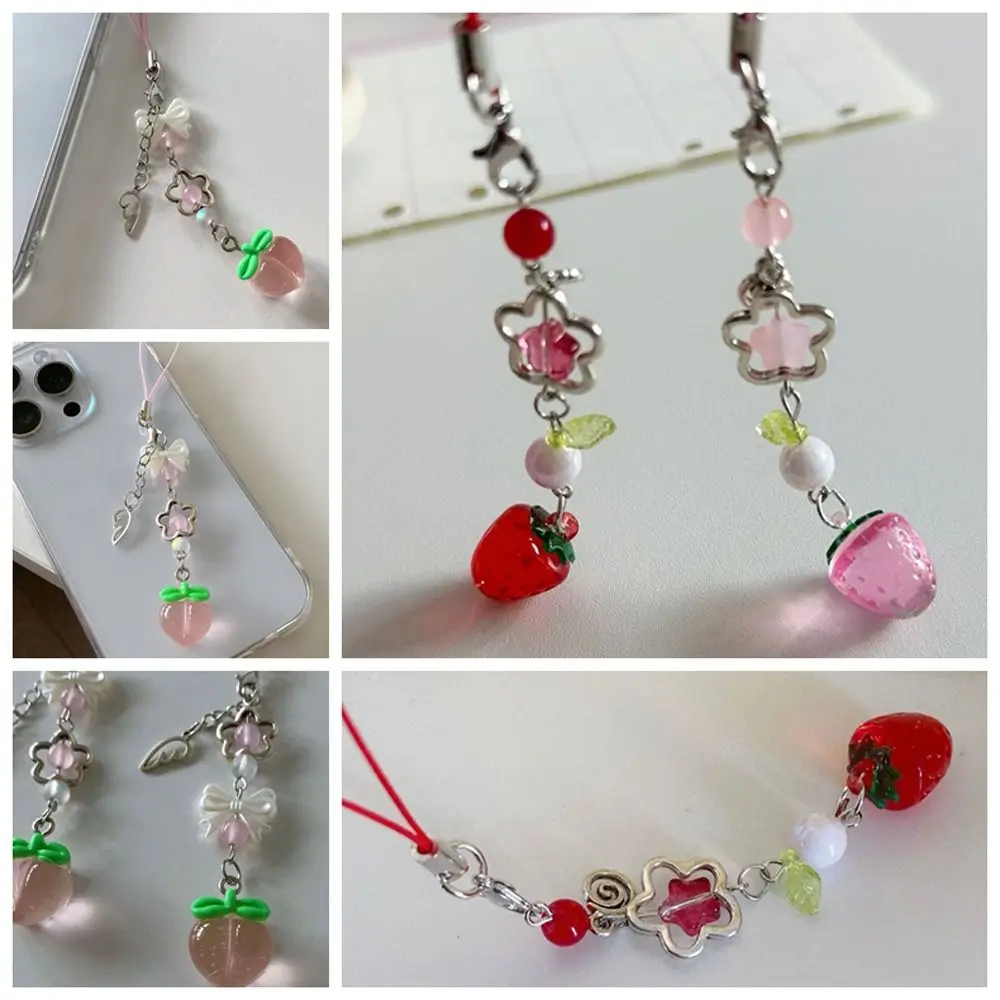 Sweet Y2K Strawberry Phone Lanyard Transparent Pendant Fruits Phone Chain Peach Pink Red Phone Strap Charm Cellphone Keychain