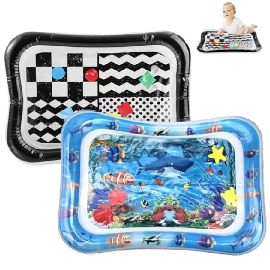 

2-Pack Tummy Time Water Mat for Baby 3-36 Months - High Contrast Black and White + Ocean Sensory Play Mat - BPA-Free Leak-Proof