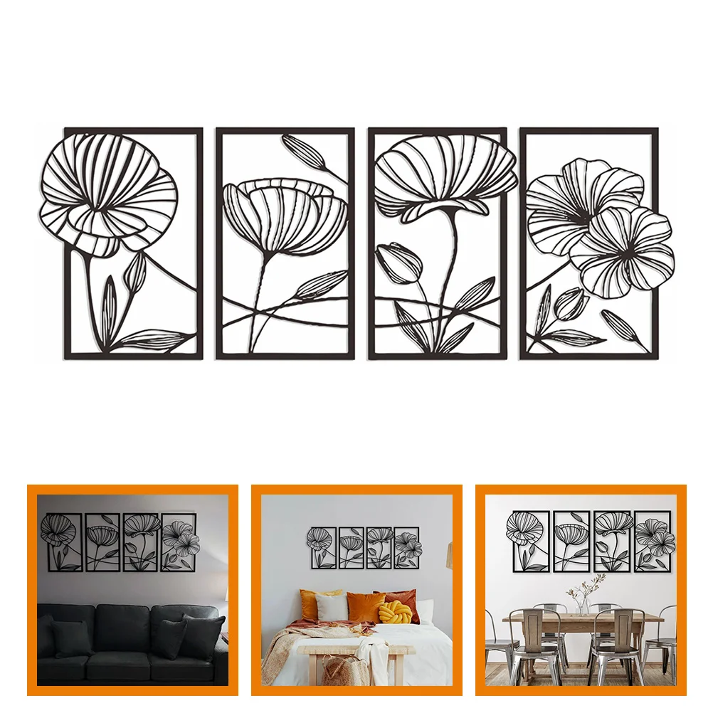 4 Pcs Decor Three-dimensional Lines Metal Crafts Wall For Bedroom Decorations Living Black Abstract Flower Dining