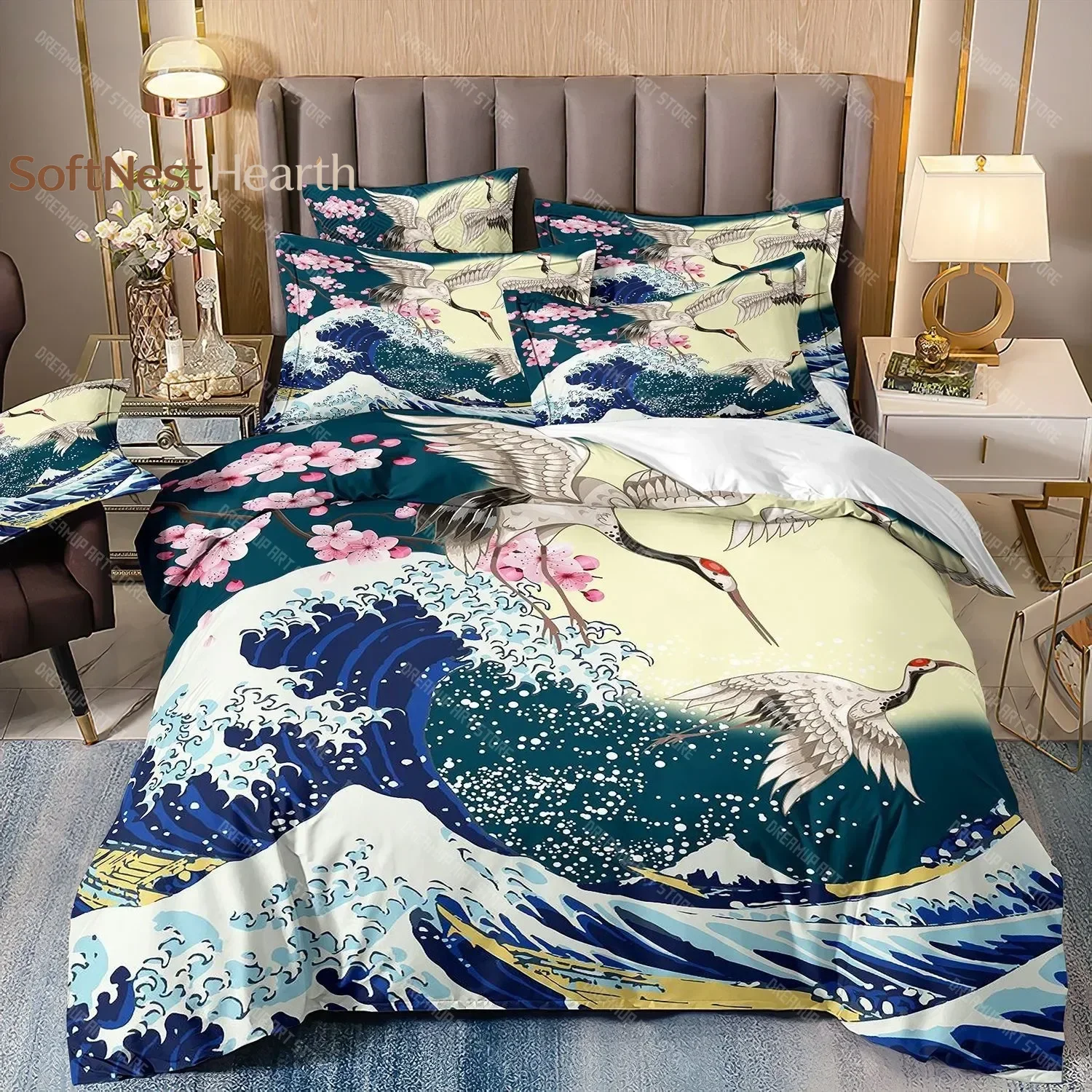 2026 Ukiyo-e Theme Wave Bedding Set Mountain Exotic Style Duvet Cover Set Twin Queen Size Japanese-Style Duvet Cover