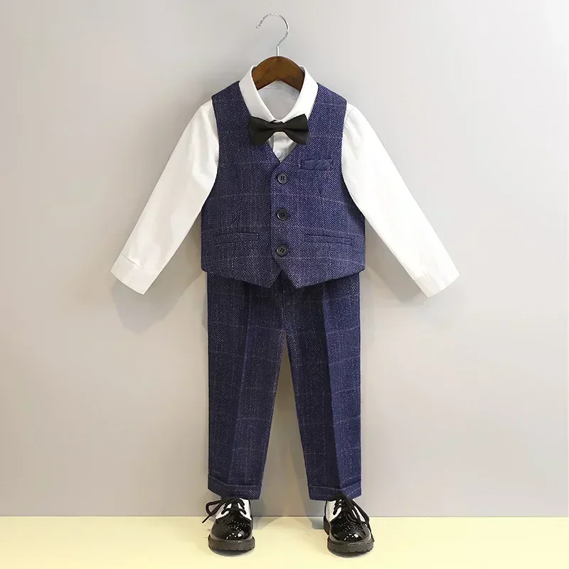 Boys Suit for Weddings Autumn Gentleman Plaid Birthday Blazer Set 2 To 12 Y Kids School Uniform Host Chorus Performance Costumes